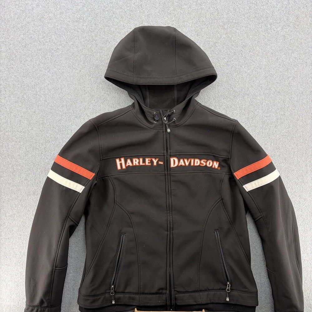 Harley Davidson Womens XL Softshell Hooded Jacket Black Orange Embroidered Moto